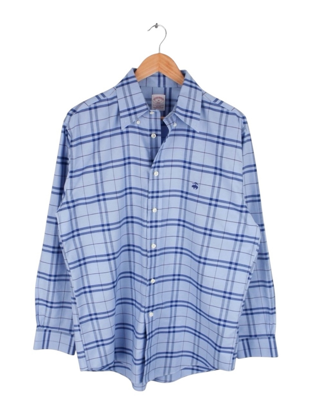 Brooks Brothers 346 Button Down Shirt Plaid Blue Cotton Size Medium